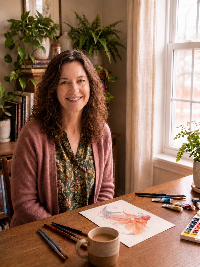 Helena, the instructor, at her desk with brushes and a painting in progress