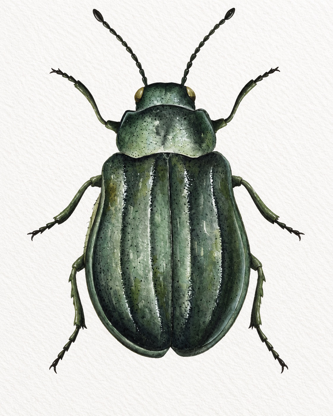 Finished realistic watercolour emerald leaf beetle with deep green ridged wing cases
