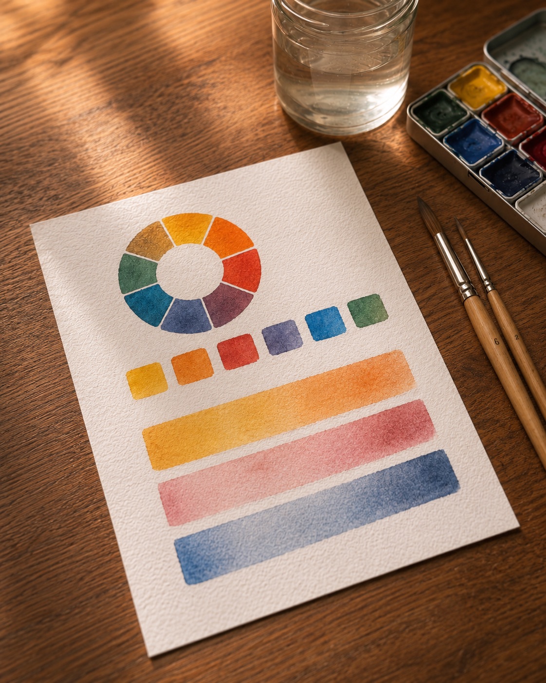 Practice sheet with colour swatches and clean watercolour washes beside paints and brushes
